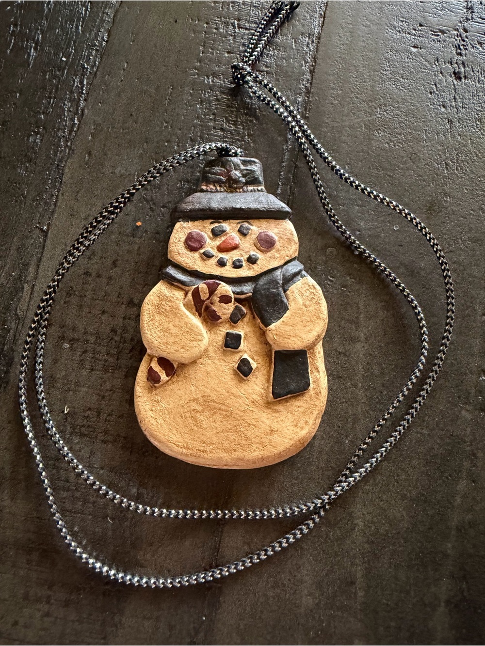 Handmade Snowman Pendant Necklace in Tan & Black